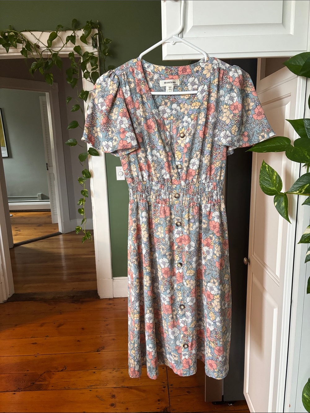 Floral Button-Front Midi Dress in Dusty Blue & Coral